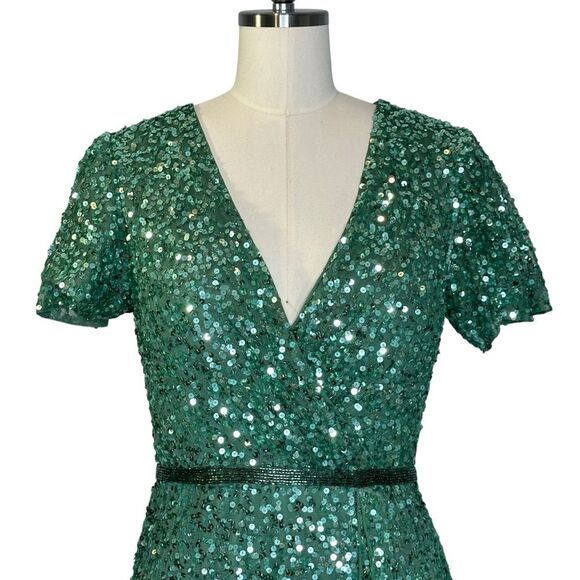 Mac Duggal Green Sequin Wrap Over Butterfly Sleeve Gown | 8 - Picture 9 of 11